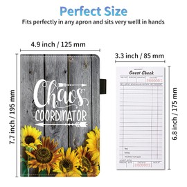 Server Book Organizer, Chaos Coordinator Sunflower Server Books for Waitress, PU Leather Waiter Book Organizer with Zipper Pocket Guest Checks Books Holder for Restaurant Fit Server Apron