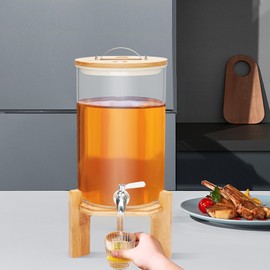 KONKENIE 7.5L/2Gal Glass Drink Dispenser with Spigot -20~180℃ Iced Beverage Barrel Juice Soda Wine Container with Bamboo Stand Tabletop Dispenser Cylinder Jar for Party Picnic Bar Restaurant (7.5L)