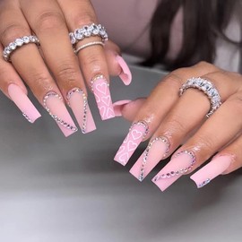 Valentine’s Day Press on Nails Long Pink Heart Rhinestones Fake Nails Ballerina Coffin Glue on Nails Full Cover False Nails Acrylic Stick on Nails Pink Valentines Nail Tips for Women Girls 24Pcs