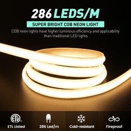 GZBtech Silicone COB Neon Rope Lights 16.4FT/5M, 2800K Super Bright Warm White Waterproof Neon Strip Light, AC 110-120V Flexible Soft Cuttable Tape Rope Lighting for Indoor Outdoor Home Commercial