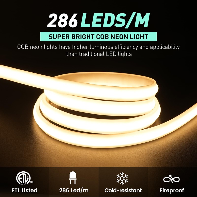 GZBtech Silicone COB Neon Rope Lights 16.4FT/5M, 2800K Super Bright