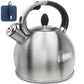 BAERFO Stainless Steel Tea Kettle, Tea Kettles Stovetop, Vintage Whistling Teapot for Stove, Durable and Rust-Resistant, with a Pot Holder Included, Whistling Tea Kettle 2.64 Quart (Brushed)