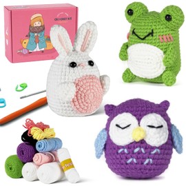 Crochet Kit for Beginners, Knitting Kit for Kids Adult, Animals Crochet Kits for Starters with Step-by-Step Video Tutorials and Yarns, Hook, Accessories (Frog, Owl, Rabbit)