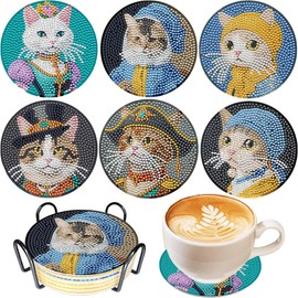 6 Pcs Cute Cats Diamond Paintings Coasters with Holder for Adults Beginners, Round Full Drill Diamond Art Craft Supplies (Cats QLBD-11)
