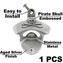 HAIICEN Aged Silver Wall Mount Bottle Opener Pirate, Embossed Skull Screw in Wall Beer Soda Cap Opener Stainless for Gift