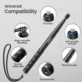 Mairan 114cm Invisible Selfie Stick, 1/4" Extension Invisible Stick Compatible with Insta360, GoPro, DJI, Action Cameras,Portable Extendable Monopod Pole with Buckle Mount and Wrist Strap