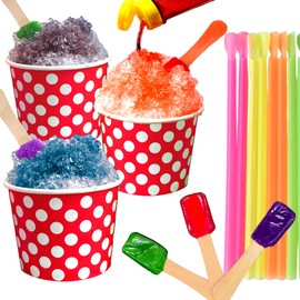 Concession Essentials 105 Piece Multi-Colored Snow Cone/Shaved Ice Kit - Includes 25 Red and White Polka Dot Cups, 30 Candy Spoons, and 50 Neon Straws - Perfect for Birthdays, Sporting Events, Concerts, Festivals