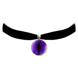 Victorian Vault Cat Dragon Eye Black Velvet Choker Steampunk Gothic Pendant Necklace (Purple)