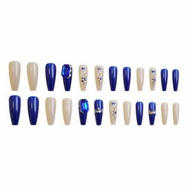 BABALAL Blue Press on Nails Long Coffin Fake Nails Luxury Acrylic Nails with Charm Shiny False Nails Design Ballerina Full Cover Artificial Nails for Women 24Pcs Glossy Stick on Nails Supplies Nail
