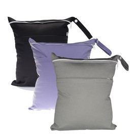 Egurs Wet Bag Wet Bag 3 Pieces 30 x 36 cm Large Plain Nappy Bag Reusable Nappy Bag Organiser Bag with Two Zip Pockets Black + Grey + Lavender