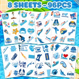 96 PCS Swimming Pre-Cut Temporary Tattoos for Kids | Super Cute Swim Team Pool Beach Themed Birthday Party Favors, Supplies, Decorations, Fake Tattoo Stickers, School Rewards & Gifts Boys & Girls