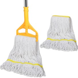 Commercial Mop with Extra Head Replacement, 63Inch Handle Heavy Duty Industrial Mop Looped-End String Wet Mops for Floor Cleaning for Warehouse, Workshop, Garage,Office, Home(2 White-Yellow Mops Head)