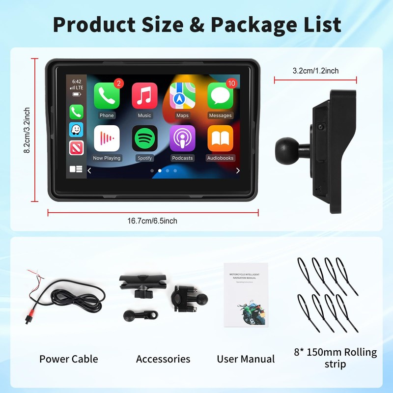 Podofo 2024 Upgrade Motorcycle GPS Wireless Apple Carplay/Android Auto Waterproof
