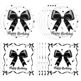 40 Pcs Black and White Bow Birthday Decorations - 7” Black Coquette Birthday Decorations Include Bow Napkins Plates Bow Themed Party Tableware for Women Girls Bday Wedding Anniversary Party