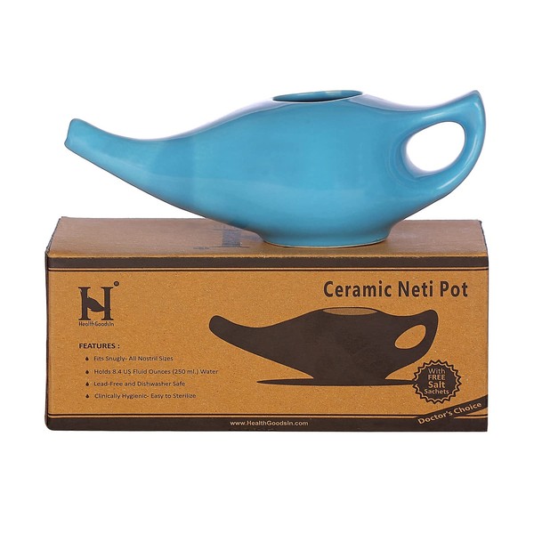 HealthGoodsIn Ceramic Neti Pot, Nose Cleaner for Sinus, Dishwasher Safe, Premium Handcrafted Durable, 225 Ml. Capacity - Blue