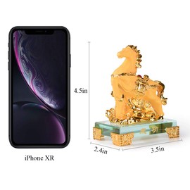 PopTop Brass Golden Resin Feng Shui Frosted Horse with Glass Base Success Statue Chinese Zodiac Home Office Table Decor Figurine Gift Collection PTZY106
