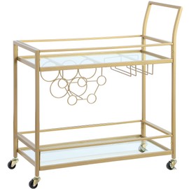 FirsTime & Co. Gold Francesca Bar Cart, 2 Tier Mobile Mini Bar, Kitchen Serving Cart and Coffee Station with Storage for Wine and Glasses, Metal and Glass, Modern