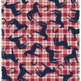 100% Cotton Flannel Fabric Sold by The Yard 1 Yard = 36 in. Length (Horses & Horseshoes on Red Plaid)