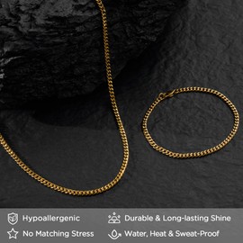 NORBU Gold Plated Stainless Steel Cuban Link Chain and Bracelet Set for Men, Chain Necklace 3.5mm in Width and 20" in Length, Bracelet 3.5mm in Width and 7 1/2" in Length
