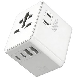 Universal Travel Adapter 25W, International Power Plug Converter with 2500W High Power Support, All-in-One AC Adapter for Europe UK US AUS, 2 USB-C + 2 USB-A Ports, Compact Travel Charger