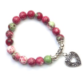Jade pearl bracelet for women dyed red and green with filigree pendant in the shape of a heart