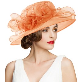 RZTA Women's Kentucky Derby Church Dress Hat Wide Brim Leaf Flower Bridal Shower Hat A12-Golden Orange