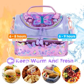 PinkSheep Children's Lunch Bag, Cool Bag with Two Compartments and Removable, Adjustable, Children's Lunch Bag, Nursery Bag, Girls Boys Lunch Boxes (Purple Butterfly)