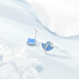 Stingray Stud Earrings 925 Sterling Silver Stingray Post Earrings Opal Manta Ray Jewelry for Women Female Ocean Lover Gifts, No Gemstone