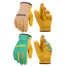 FEISHDEK Kids Gardening Gloves, 2 Pairs, Medium (Age 4-6), Pink+Green, Genuine Leather, Breathable Design, Ergonomic Fit, Anti-Skid