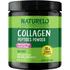 NATURELO Collagen Peptide Powder, Hydrolyzed Collagen Type I & III, Skin Hair & Joint Health - Unflavored, 16 Ounces | 45 Servings