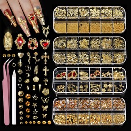 VelvetGlow Gold Nagel Charms Und Edelsteine Set, 4 Boxen Nagel Edelsteine Nagel Perlen Nailart Tools, 3d Kreuz Nagel Charms Herz Nagel Strasssteine, Charms FüR Nail Art Kit