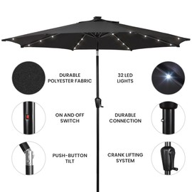 Sun-Ray 9' Round Patio Umbrella with 32 Solar Powered LED Lights, Push-Button Tilt and Hand Crank Lift, Solar Umbrella in Black for Porch, Deck, and Patio