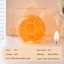 BOHON Light up Soccer Ball Size 5, Ceramic Bedside Table Lamp, Orange Kids Night Light, Sport Stuff Soccer Gifts for Boys Girls Bedroom Nightstand Desk Home Room Decor, LED Bulb Included (D: 8.7")