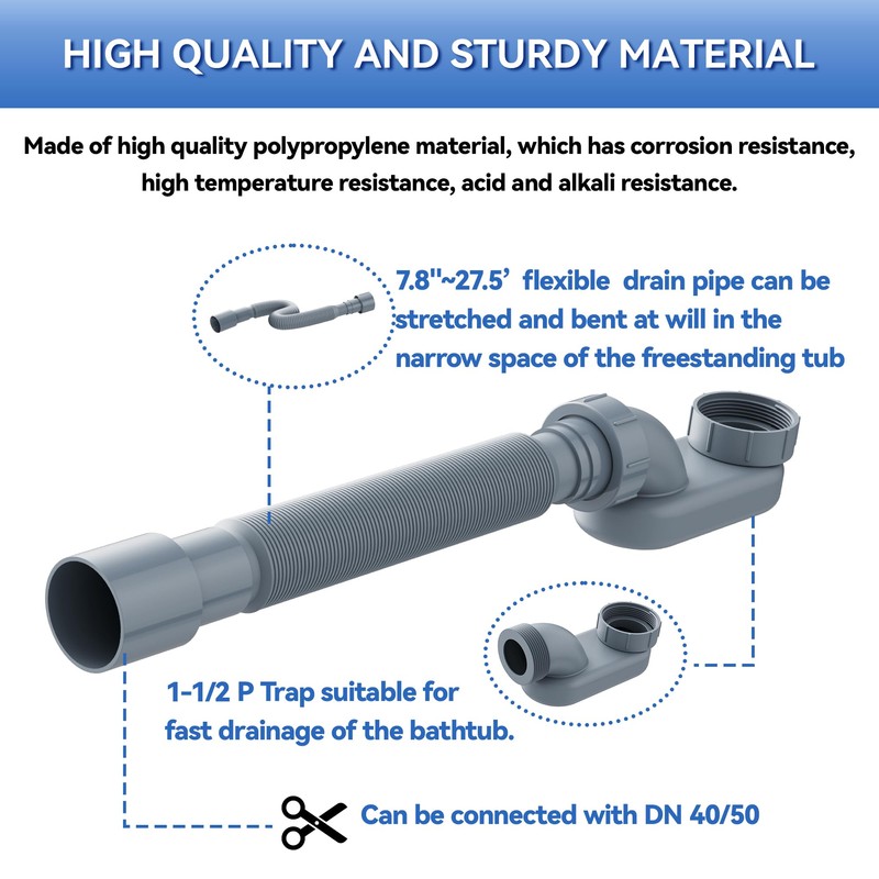 Flexible Freestanding Tub Drain Kit, Low Profile Flat P Trap