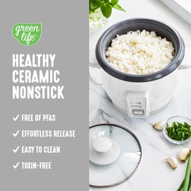 GreenLife 1.5 QT Electric Rice Cooker, Compact Small Size, 3-Cups Uncooked/6-Cups Cooked, PFAS-Free Removable Nonstick Pot Steamer, One-Touch Control, Auto Keep Warm, Measuring Cup, 300W, White