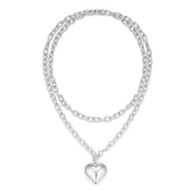 HolidayQbee Puffy Silver Necklaces For Women With Double Layer Chain Heart Pendant Chunky Silver Heart Link Necklace Fashion Jewelry Gift