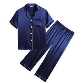 SWOMOG Girls Boys Silk Satin Pajamas Set Button-Down Two-Piece PJs Lounge Sets with Long Pants Navy Blue