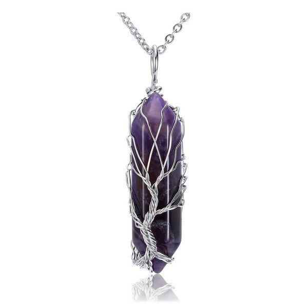 CrystalTears Amethyst Healing Crystal Stone Necklace Tree Of Life Wire Wrapped Natural Hexagonal Crystal Points Pendant Necklace for Women Gifts for Christmas
