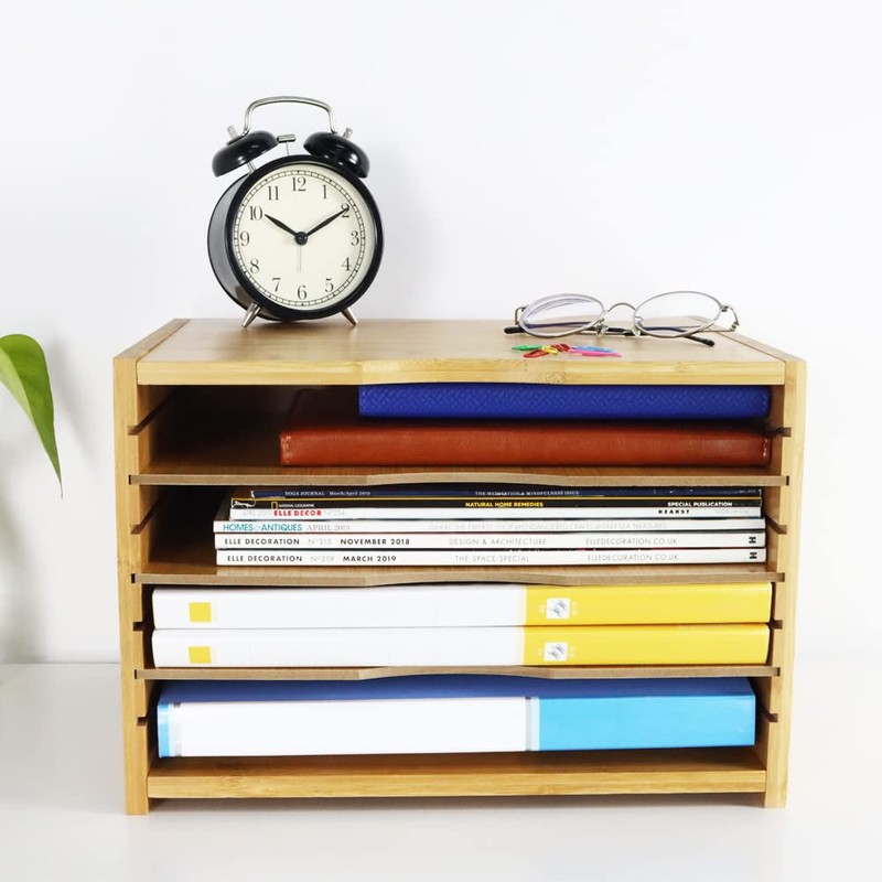 WKWKER File Organizer with 3 Adjustable Shelves Bamboo Document Letter