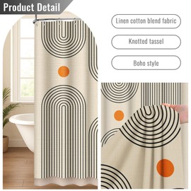 Emvency Boho Farmhouse Mid Century Cream Beige Tassel Shower Curtain Set, Stripe Arch Simple Sun Modern Minimalist Linen Fabric Shower Curtains for Bathroom Decor 72 x 72 Inches with Metal Hooks