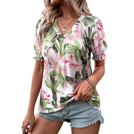 ZXZY Women Ruffle Short Sleeve Pleated V Neck Floral Print Hawaiian Shirts Blouse Tops