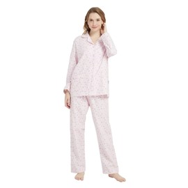 GLOBAL Flannel Pajamas for Women 2-Piece Comfy and Cozy Flannel Pj Set Cotton Loungwear, Rosy Little Flowers on Pink, Medium