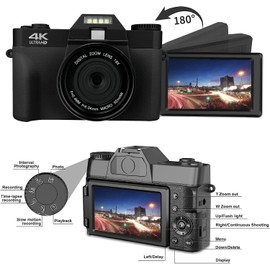 eDealz 4K 56MP Digital Camera Photography with 3’’ 180° Flip Screen, WiFi, 16X Zoom, Rechargeable Battery, 64GB Micro SD Card, 6 PC Card Holder USB Card Reader (Black)