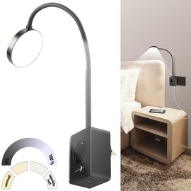 Lunartec Plug Lamp: Dimmable CCT LED Plug Light with Socket, USB A/C Port, Black (LED Bed and Reading Lamp, Gooseneck Socket Light, Plug)