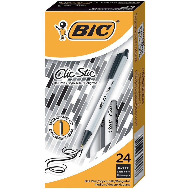 BIC Clic Stic Black Retractable Ballpoint Pens, Medium Point (1.0mm),
