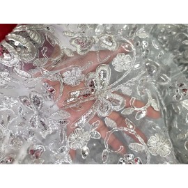 Divastyletextiles Butterfly Design Lace Sequins Embroidered Silver Fabric By The Yard For Dress