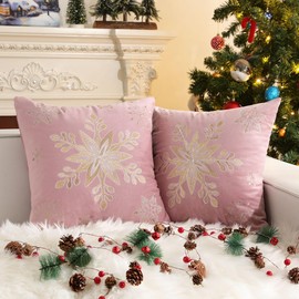 Lewondr 18 x 18 Inches Pack of 2 Christmas Throw Pillow Covers, Embroidery Snowflakes Decorative Velvet Throw Pillow Cases Soft Square Pillow Covers for Living Room Bed Couch Sofa Home Decor, Pink