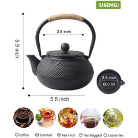 Hwagui Tea Kettle, Japanese Cast Iron Teapot, Tea Pot with Infuser for Loose Tea, Cast Iron Tea Kettle Stovetop Safe, 650ml/23oz