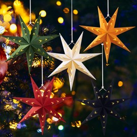 5PCS Flocked Paper Star Lantern with Lights Christmas Paper Stars Light 12 inch Hanging 3D Christmas Paper Star Lampshade 7 Points Paper Star Lights Foldable for Xmas Wedding(with Light String)