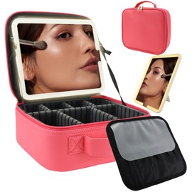 Travel Makeup Bag for Women and Makeup Artists Cosmetic Organizer Large Makeup Case,Travel Makeup Bag with Mirror 3 Color Setting,Portable Storage and Adjustable Dividers Makeup Bag(light red)